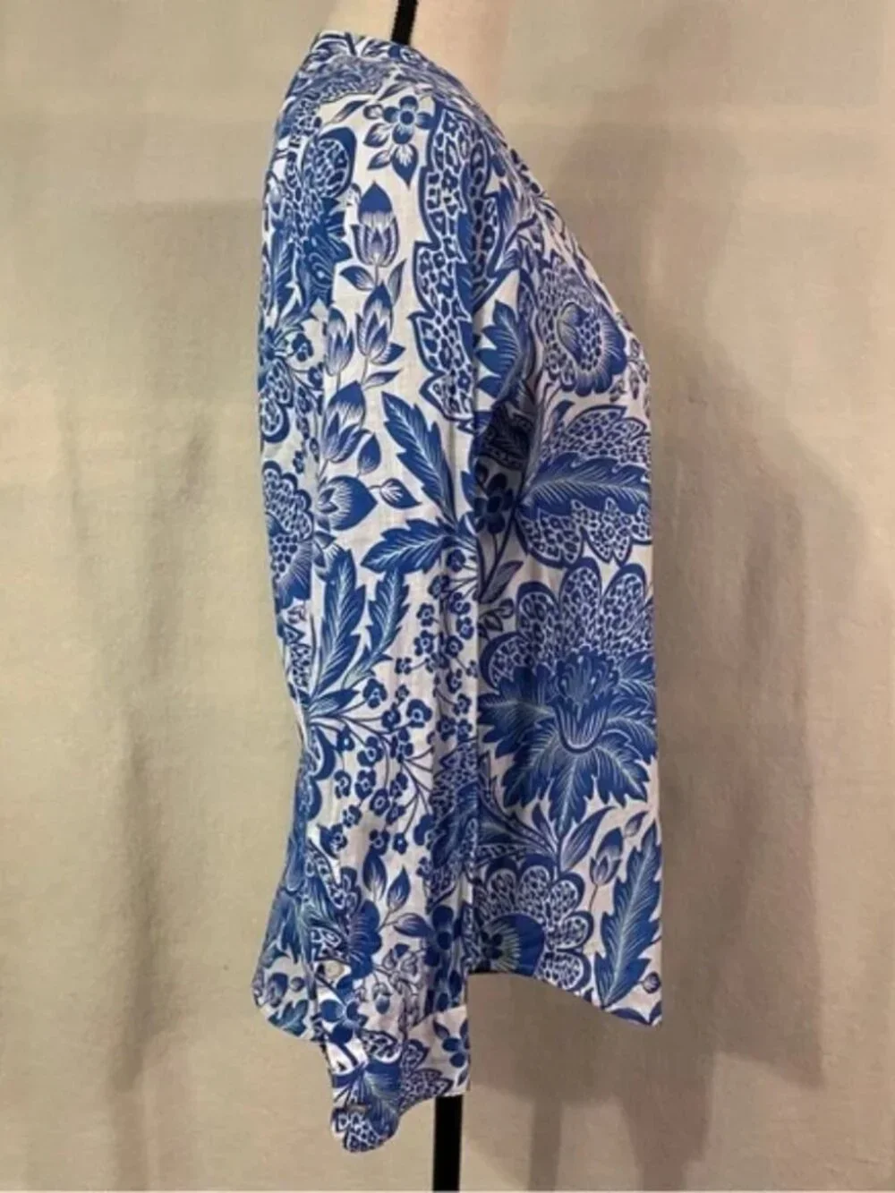 J. Crew Raglan Popover Shirt in blue & white floral paisley print cotton